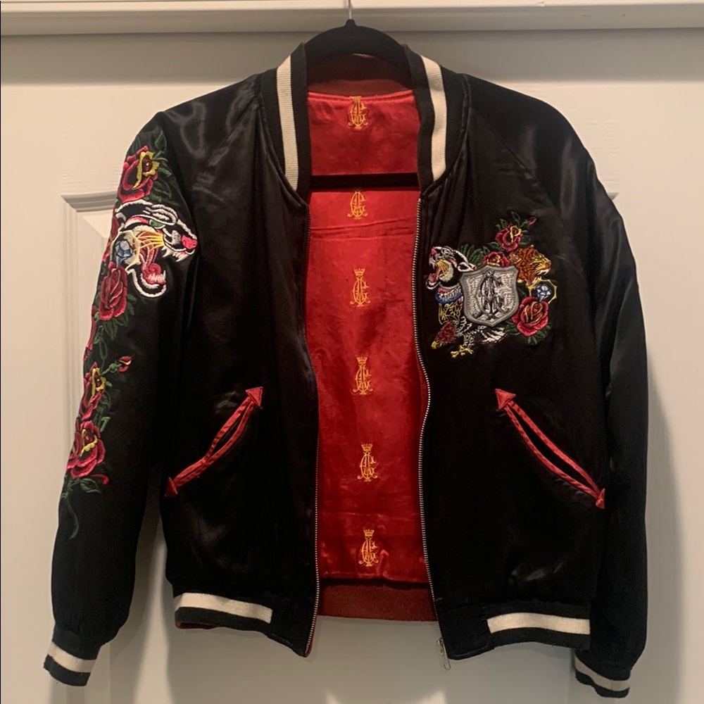 Rare Vintage Christian Audigier Embroidered Black Bomber Jacket with Red Lining